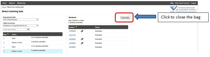 Figure 36: Close Bag button in Select marking task - Student detail view
