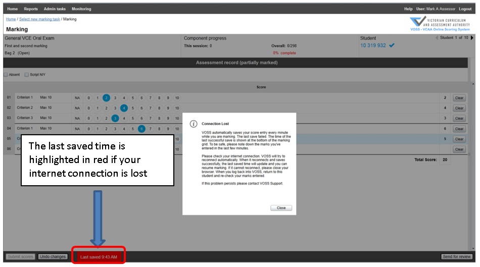 Figure 23: Connection Lost message during marking