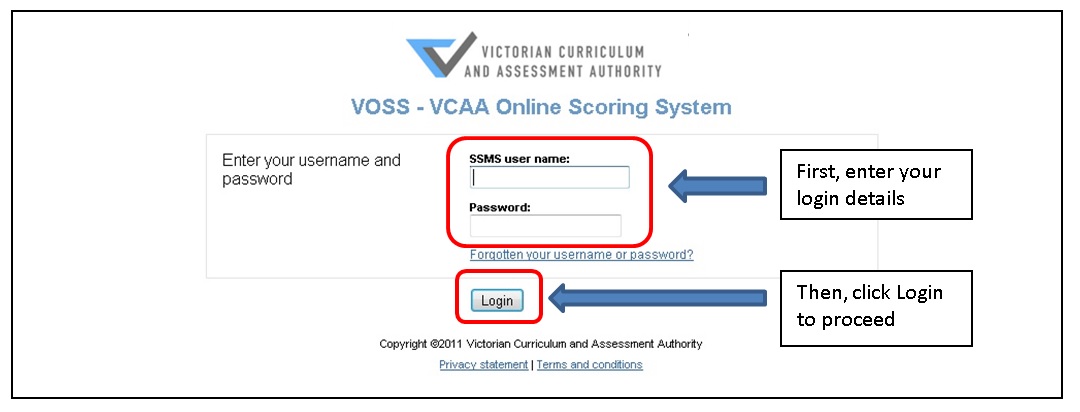 Figure 1: VOSS Login page (from within the VCAA network)