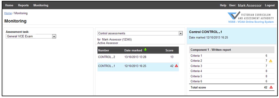 Figure 33: Monitoring screen - reviewing completed Control Script scores