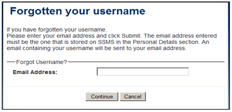Figure 7: Forgotten your username screen and instructions