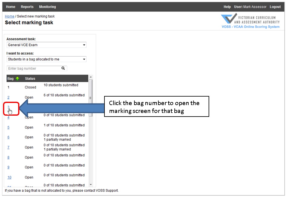 Figure 15: Selecting a bag from the Select marking task page