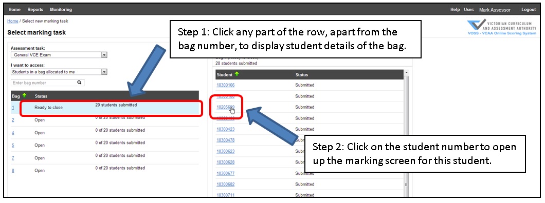 Figure 16: Selecting a student from a specific bag
