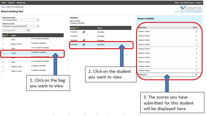 Figure 37: Viewing your submitted scores from the select marking task screen
